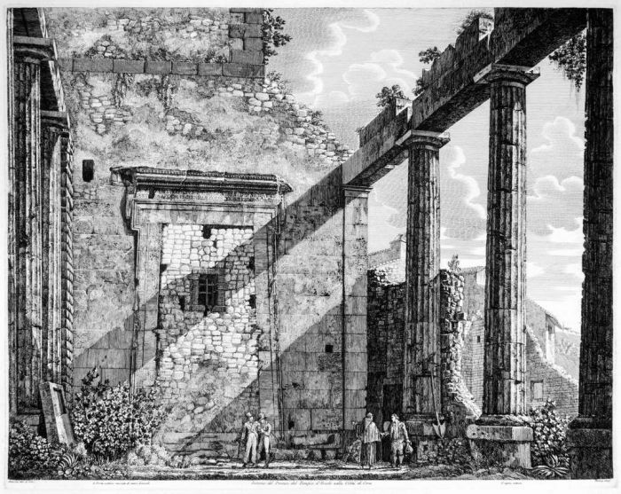 L. Rossini, Interno del Pronao del Tempio d'Ercole nella città di Cora, Roma, 1825. Luigi Rossini, Tivoli, Rome, Architecture, Ruins, Landscape, Roman, Villa, Palace, Neoclassicism, Old Masters, Artworks, Etchings, Engraves, Cora, Temple, Piranesi, 