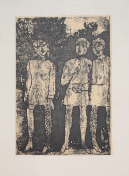 Girls is an original print in Etching technique on ivory-colored paper, realized by Franco Gentilini (Italian Painter, 1909-1981), in Second Half 20th Century.