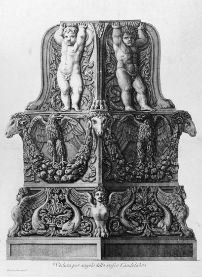 G.B.Piranesi, Etching, Masks, Vase, Old Masters, Engraving, Neoclassicism, Roman fornitures, Antiquities, Rembrandt, Goya, Cavaliere, Francesco, Ficacci, Candelabrum, Plate, Signature, Proof,