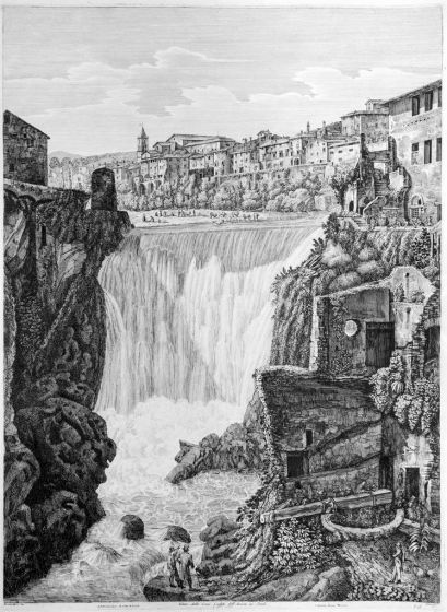 Luigi Rossini,  Veduta della Gran caduta dell'Aniene in Tivoli. Rome, 1825, Luigi Rossini, Tivoli, Rome, Architecture, Ruins, Landscape, Roman, Villa, Palace, Neoclassicism, Old Masters, Artworks, Etchings, Engraves, Archeology, Monuments, Piranesi, Water