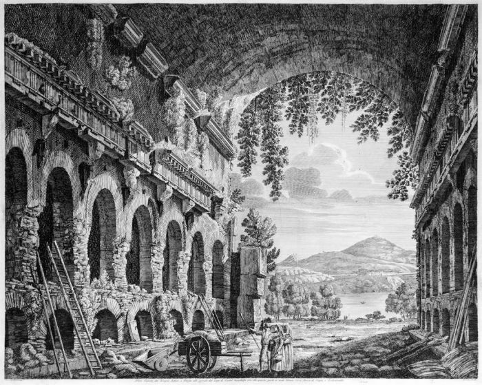 Luigi Rossini, Altra Veduta del Tempio Antico o Ninfeo alle sponde del Lago di Castel Gandolfo. Rome, 1826
