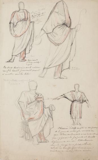 "Studies for Costumes" is an original drawing in tempera and colored tempera on paper, realized by Georges Antoine Rochegrosse
