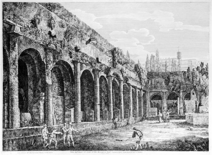 Luigi Rossini, Veduta degl'Avanzi del Cortile di Villa Mecenate in Tivoli, Luigi Rossini, Tivoli, Rome, Architecture, Ruins, Landscape, Roman, Villa, Palace, Neoclassicism, Old Masters, Artworks, Etchings, Engraves, Archeology, Monuments, Piranesi, Mecena
