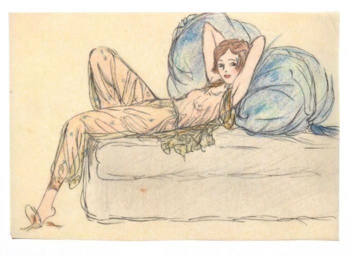 "Nude"  is an original erotic ink and colored pastels drawing on ivory-colored paper, glued on white paper, realized by Anonymous Artist of the XX Century.