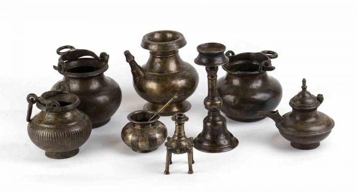 Set of Eight Copper Alloy Containers, One with a Spoon 
