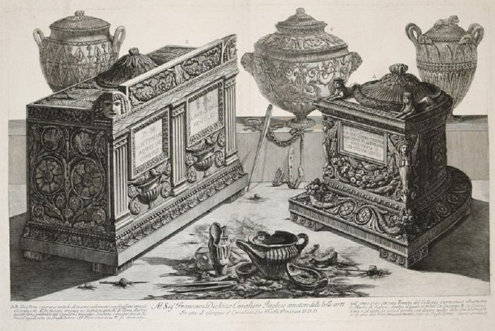 Vasi, candelabri, fine proof, Antiche urne cinerarie e lampade, etching and burin on paper, To Sid Francesco Dickins, handwritten ending note. Very good conditions, Signature on plate, Cavalier, Piranesi, Old masters, 