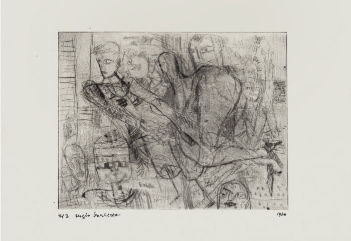 Figure is an original etching on cardboard, realized by Sergio Barletta in 1960.