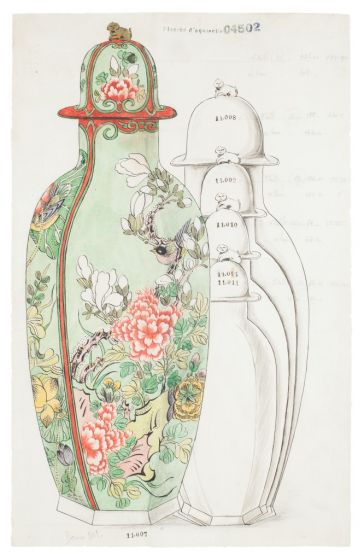 "Porcelain Vase" 1890s  is an original China ink and watercolor drawing on ivory-colorated paper by Anonymous Artist of XIX Century.