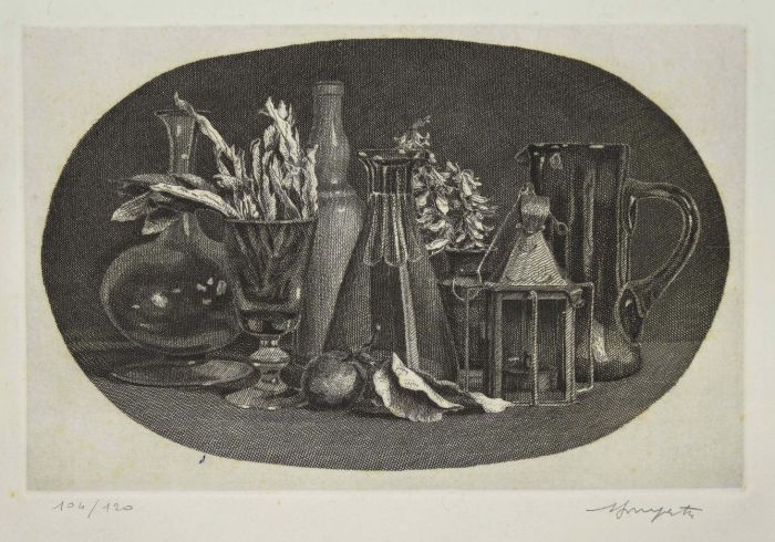Still Life is an original print in etching technique on cardboard, signed by Vairo Mongatti, in 1980s.