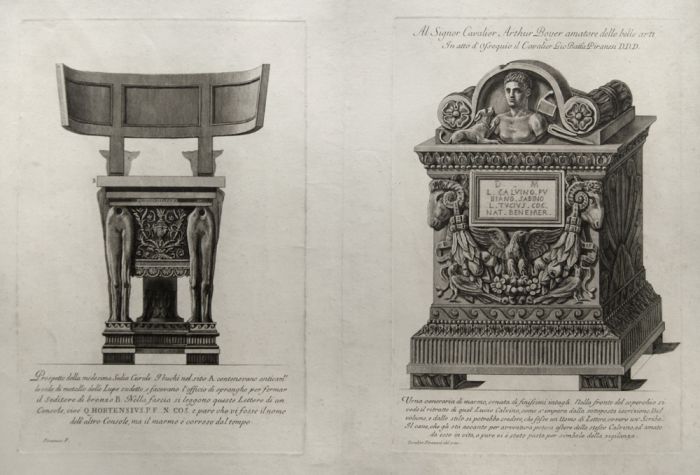 G.B.Piranesi, Prospetto della medesima sedia Curule, Urna ceneraria di marmo, ornata di finissimi intagli, 1778. G.B.Piranesi, Etching, Masks, Vase, Old Masters, Engraving, Neoclassicism, Roman fornitures, Antiquities, Rembrandt, Goya, Cavaliere, Francesc