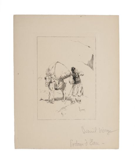 "The Water Carrier"  is an original black China ink drawing on ivory-colored paper  by Anonymous Artist of XX Century.