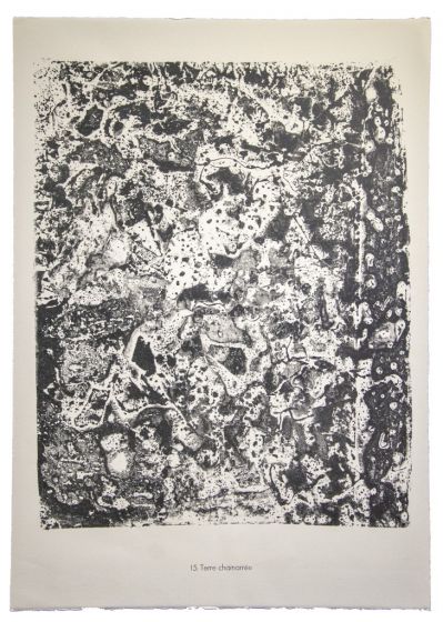 Terre Chamarree is an original lithograph on watermarked paper "Arc". Abstract composition by the French artist Jean Dubuffet. From the album of "Theatre du sol" (1953-1959). In excellent conditions.
