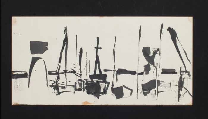 "Port's Composition"  is an original china ink drawing on ivory-colorated paper, glued on brown-colored cardboard, realized by Herta Hausmann.