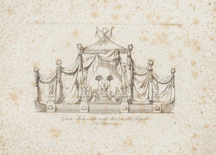 "Project for the throne" is an original print in etching technique on ivory-colored cardboard , by Nicola Carnevali (1811-1885).