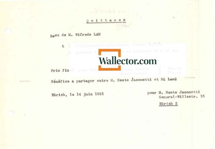 W.Lam, Typewritten receipt to N. Jacometti.Zurich, 14th June 1961. Excellent condition.