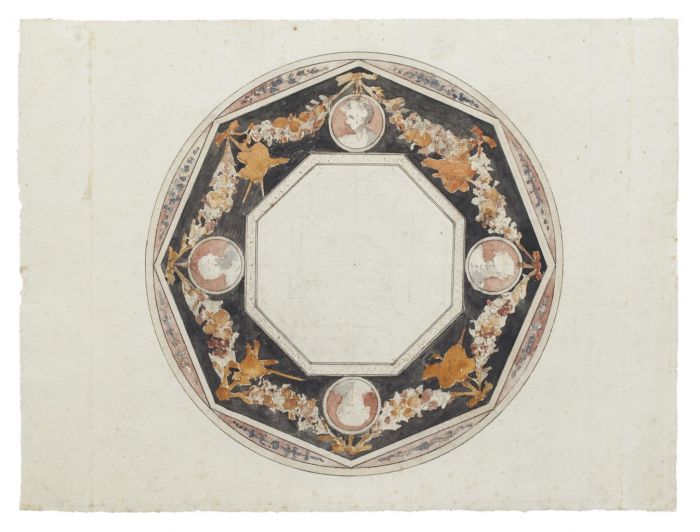 "Ceiling Decoration" is an original drawing in watercolor on ivory-colored paper, realized by Anonymous Artist of the XVIII Century.