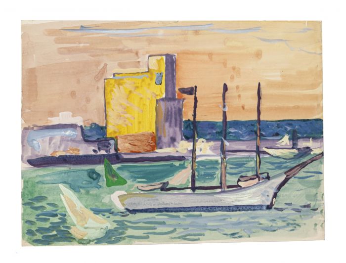 "Boat in the sea"  is an original tempera drawing on ivory-colorated paper by Anonymous Artist of XX Century.
