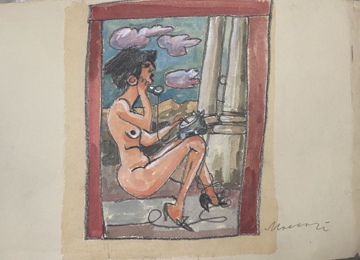 "The Phone"  is an original hand colored drawing on ivory-colorated paper by Mino Maccari (1898-1989).