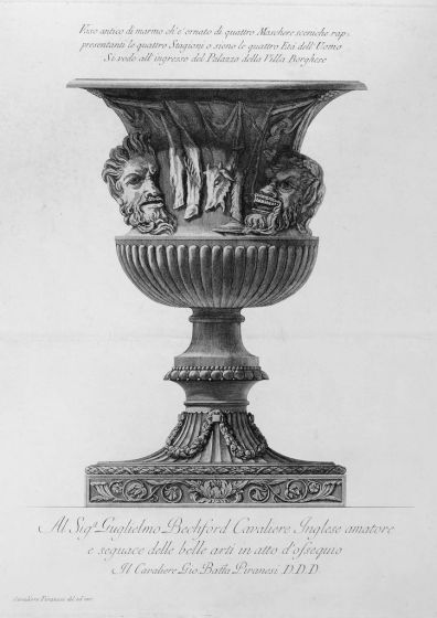 G.B.Piranesi, Antique marble vase decorated with four Masks, 1778., G.B.Piranesi, Etching, Masks, Vase, Old Masters, Engraving, Neoclassicism, Roman fornitures, Antiquities, Rembrandt, Goya, Cavaliere, Francesco, Ficacci, Candelabrum, Plate, Signature, Pr