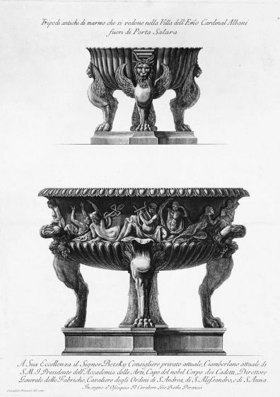 G.B.Piranesi, Two marble tripods in the Villa Albani, 1778. G.B.Piranesi, Etching, Masks, Vase, Old Masters, Engraving, Neoclassicism, Roman fornitures, Antiquities, Rembrandt, Goya, Cavaliere, Francesco, Ficacci, Candelabrum, Plate, Signature, Proof, Tri