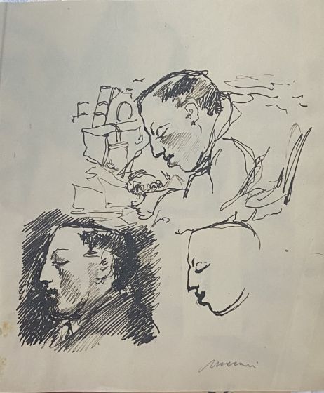 "Figure"  is an original black pen drawing on ivory-colorated paper by Mino Maccari (1898-1989).