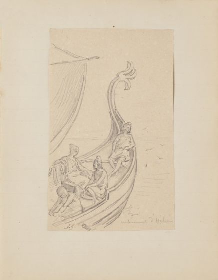 "Marine Scene" is an original drawing in tempera on paper, realized by an Anonymous French Artist of the XX Century