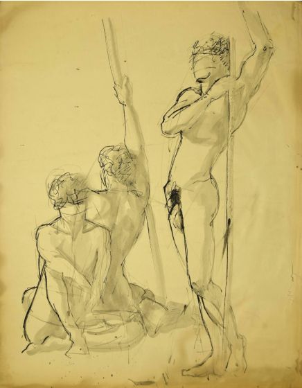 Figures is an original drawing in watercolor and China ink on paper glued on ivory-colored cardboard, realized by Bernard Paquet, Canadian Artist.