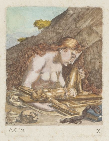 Maddalena is an original drawing in etching technique hand watercolored on paper, realized by Anonymous Artist of the XVII Century.