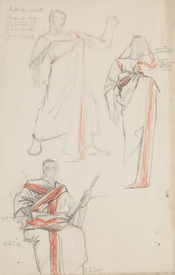 "Studies for Costumes" is an original drawing in tempera and colored tempera on paper, realized by Georges Antoine Rochegrosse 