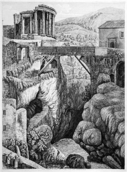 Luigi Rossini, Veduta generale del Tempio della Sibilla, e Ponte della Cascata di Tivoli. Roma, 1824, Luigi Rossini, Tivoli, Rome, Architecture, Ruins, Landscape, Roman, Villa, Palace, Neoclassicism, Old Masters, Artworks, Etchings, Engraves, Archeology, 