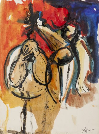 "Figures"  is an original watercolor drawing on ivory-colored paper  by Anonymous Artist of XX Century.