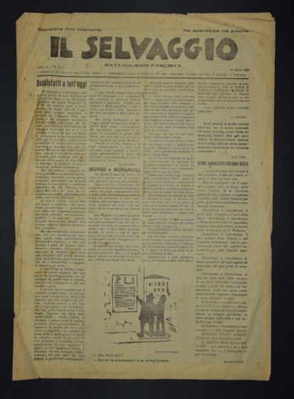 Flipping through a few pages of "Il Selvaggio", "Annual supporter subscription 20 Lire - Newspaper letters arts and sciences", we find, in the dossier of 14 March 1925, bottom center an engraving by the artist Mino Maccari, who ironically describes a fune