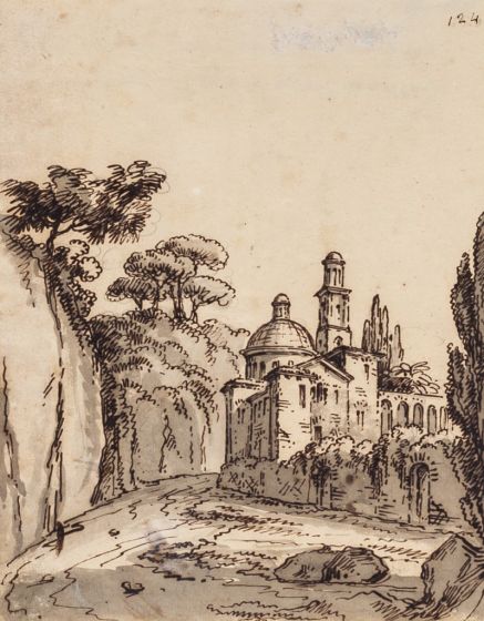 "Landscape - Rome"  is an original China ink  and watercolor drawing on ivory-colorated paper by Anonymous Artist of 18th Century, in 1700s.