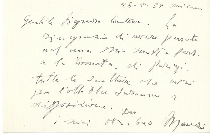 Autograph by Giacomo Manzù - Manuscript