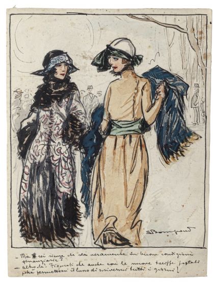 "Elegant Ladies"  is an original watercolored ink drawing on ivory-colored paper, signed by Luigi  Bompard (1879-1953).