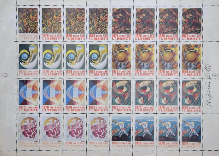 "Postage Stamps" is an original sheet of Stamps on ivory-colored paper, realized by Stefania Lotti.