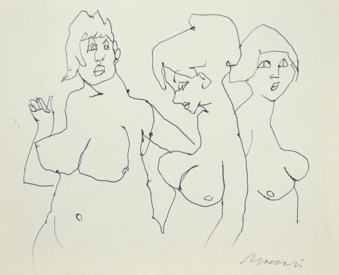 The Models is an original modern artwork realized the 1980s by the Italian artist Mino Maccari (Siena, 1898 - Rome, 1989).