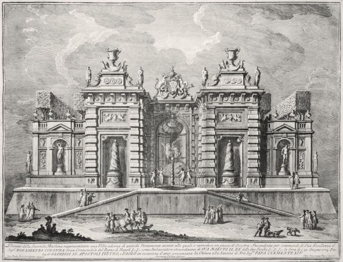Giuseppe Vasi, Villa antica con scena di Giostra, Etching, 1774.