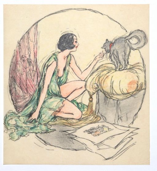 "Woman Figure"  is an original erotic ink and colored pastels drawing on ivory-colored paper, glued on white paper, realized by Anonymous Artist of the XX Century.