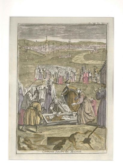 G. Pivati, Moscovite Funeral Ceremony, Hand-watercolored Etch, 1746-51, Feast, Etching, Wartercolour, Old Masters, Uses, Costumes, Asia, America, Sacred, profane, Dictionnary, Scientific, Curious, Church, dogma, Gianfrancesco, Pivati, Venice, Milocco, Rel
