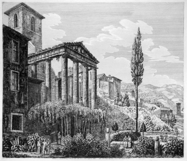 Luigi Rossini, Veduta presa a Ponente del Tempio d'Ercole. Rome, 1825, Luigi Rossini, Tivoli, Rome, Architecture, Ruins, Landscape, Roman, Villa, Palace, Neoclassicism, Old Masters, Artworks, Etchings, Engraves, Archeology, Monuments, Piranesi, Cora, City