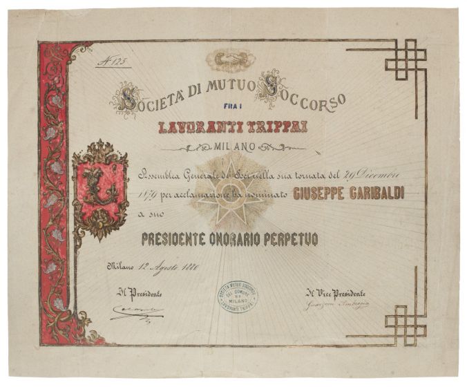 Historical Document is an original print on ivory-colored cardboard realized by Società Di Mutuo Soccorso, in 12 August 1880.