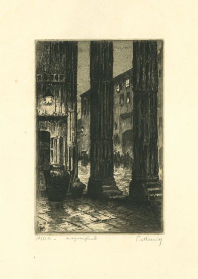 Assisi is an original etching realized by Paolo Menni, mid 20th century.