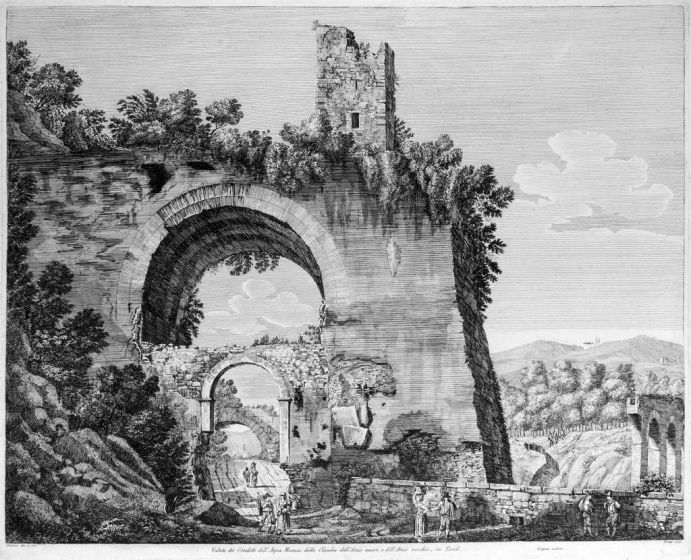 Luigi Rossini, Veduta dei Condotti dell'Aqua (..) in Tivoli. Rome, 1825, Luigi Rossini, Tivoli, Rome, Architecture, Ruins, Landscape, Roman, Villa, Palace, Neoclassicism, Old Masters, Artworks, Etchings, Engraves, Archeology, Monuments, Piranesi, Channel,