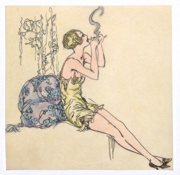 "Woman Figure"  is an original erotic ink and watercolor drawing on ivory-colored paper, glued on white paper, realized by Anonymous Artist of the XX Century.