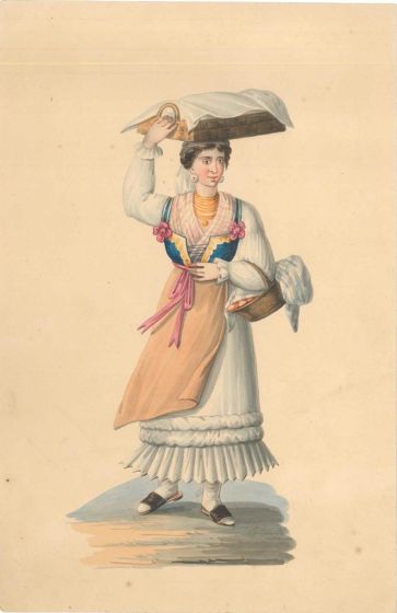 Michela De Vito, Woman with baskets, typical costumes, Watercolour, 1820 c.a., Artwork, Old Masters, traditional, folkloric, Regno di Napoli, woman, Italian, Napolitan, XIX century