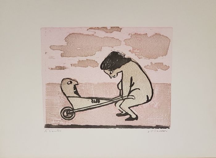 Mino Maccari, Woman playing, Colored Xilograph, Modern Art, Artwork