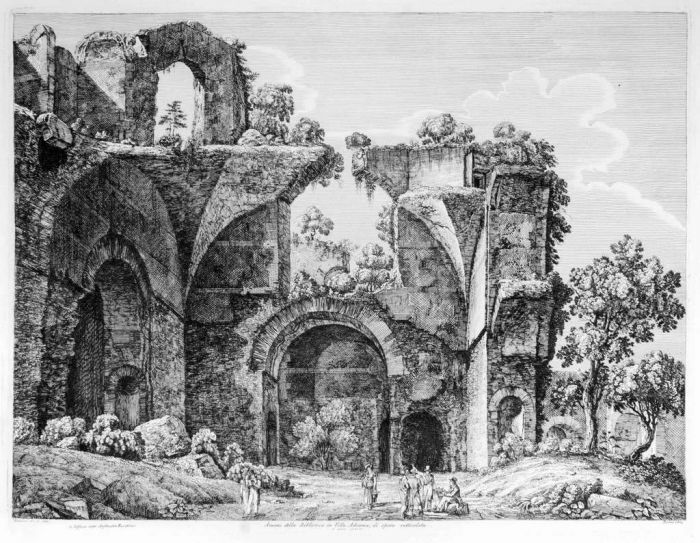 Luigi Rossini, avanzi della Biblioteca in Villa Adriana, di opera retticolata, Roma, 1824, L. Rossini, Tivoli, Rome, Architecture, Ruins, Landscape, Roman, Villa, Palace, Neoclassicism, Old Masters, Artworks, Etchings, Engraves, Archeology, Monuments, Pir