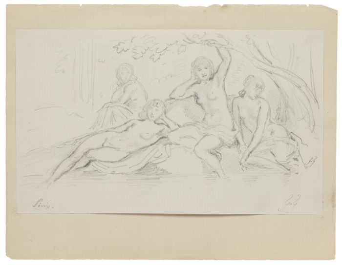"Group of Women" is an original drawing in tempera on paper, realized by Gabriel Guèrin.
