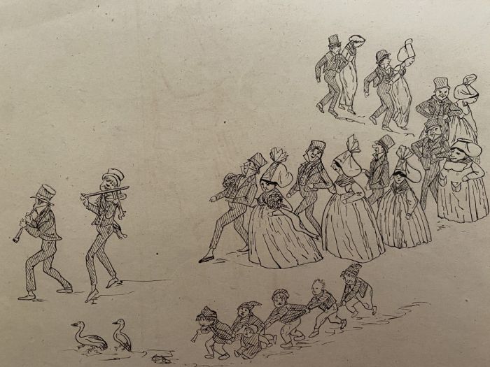 "Marriage"  is an original China Ink drawing on brown-colorated paper by Leon Petit (1885-1965).